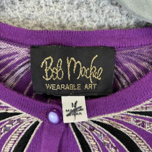 Vtg Bob Mackie Cardigan Medium Purple Artsy Bold Embroidery Embellished Sweater - Picture 3 of 9